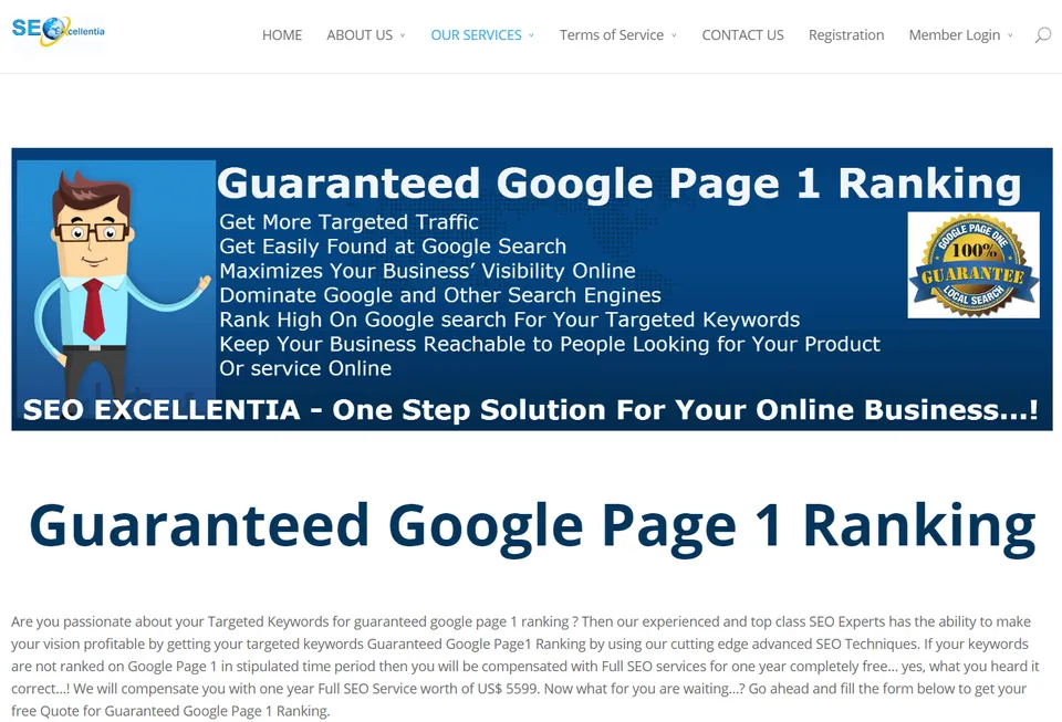Screenshot of a website guaranteeing page one on Google.