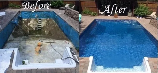 Photo of before a pool is cleaned and after.